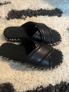 Tory Burch Black Leather Crossband Espadrille Slide Sandals with Braided Trim